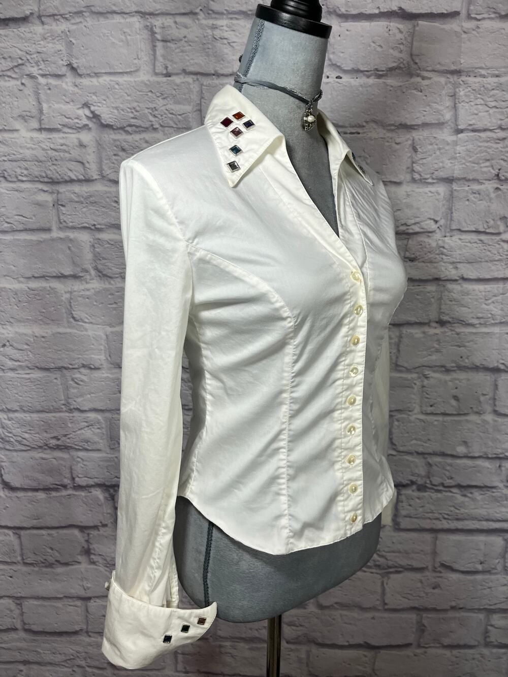 Y2K McBling Rayure Paris Rhinestone Studded Button Down Blouse